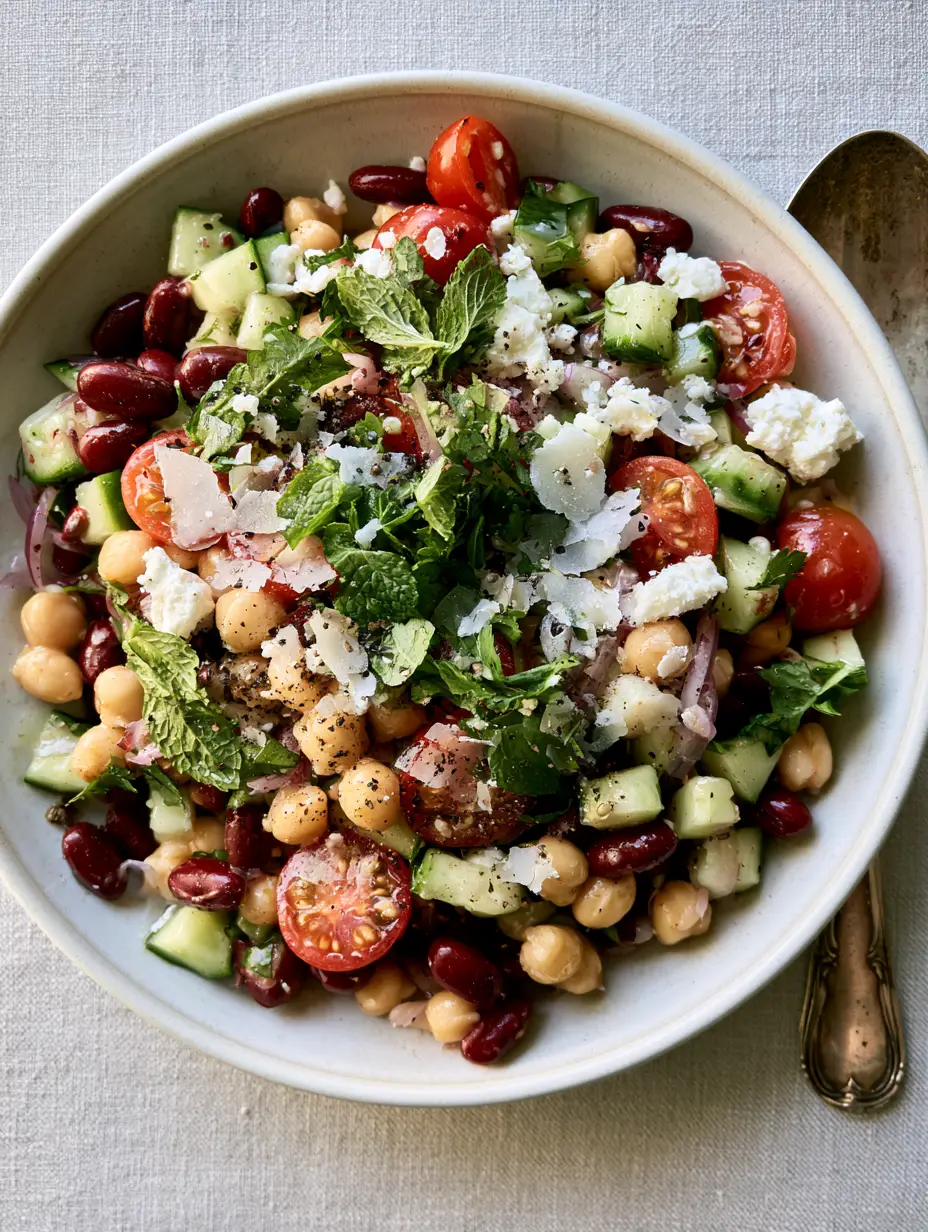 Close-up of glistening bean salad recipes with chickpeas, kidney beans, and fresh herbs in morning light. (bean salad recipes)