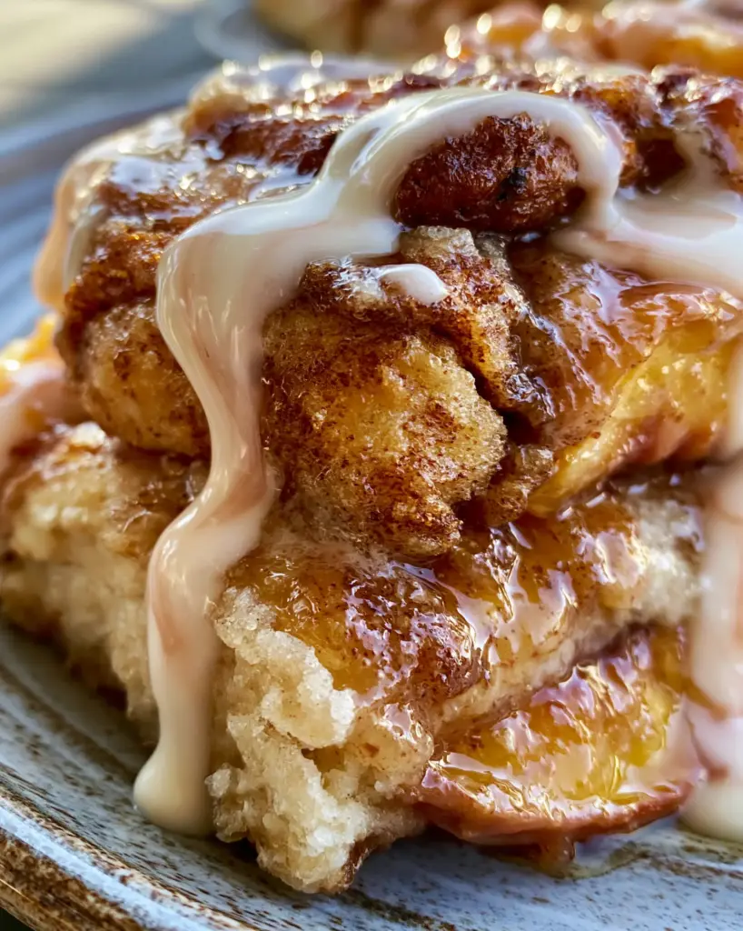 A close-up photo of peach cobbler cinnamon rolls with bubbling amber syrup and fluffy dough chunks.