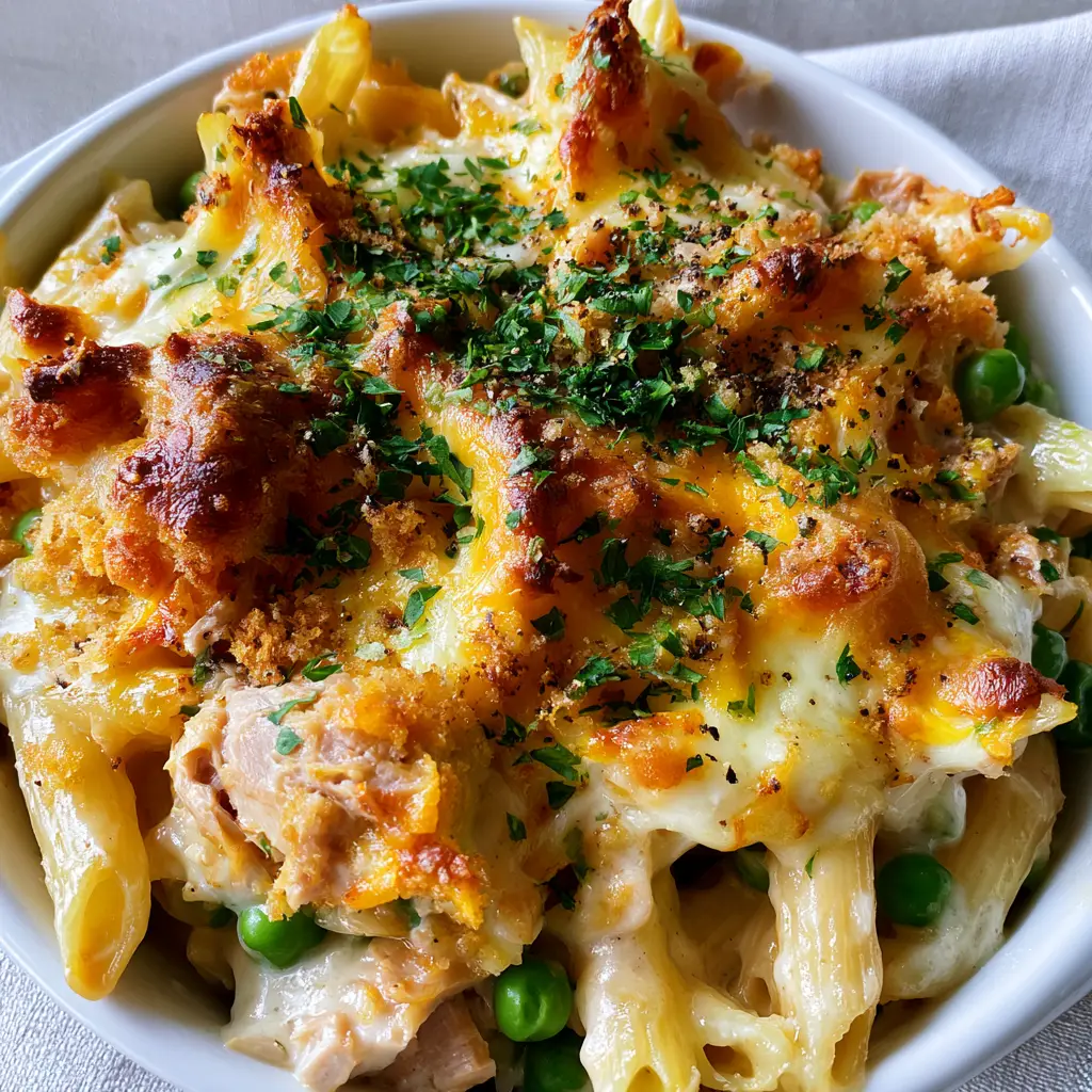 A shallow white dish of tuna pasta bake showing al dente penne, green peas, and moist tuna flakes.
