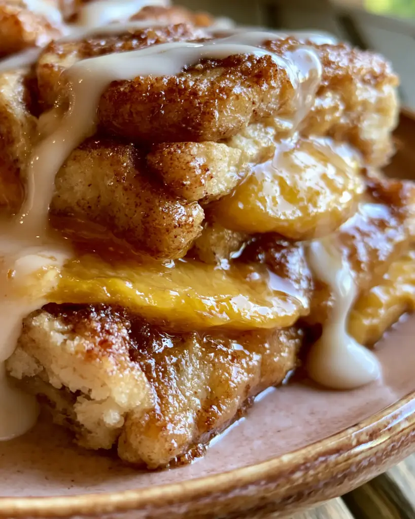 Freshly baked peach cobbler cinnamon rolls drizzled with warm white cream cheese icing in a rustic dish.