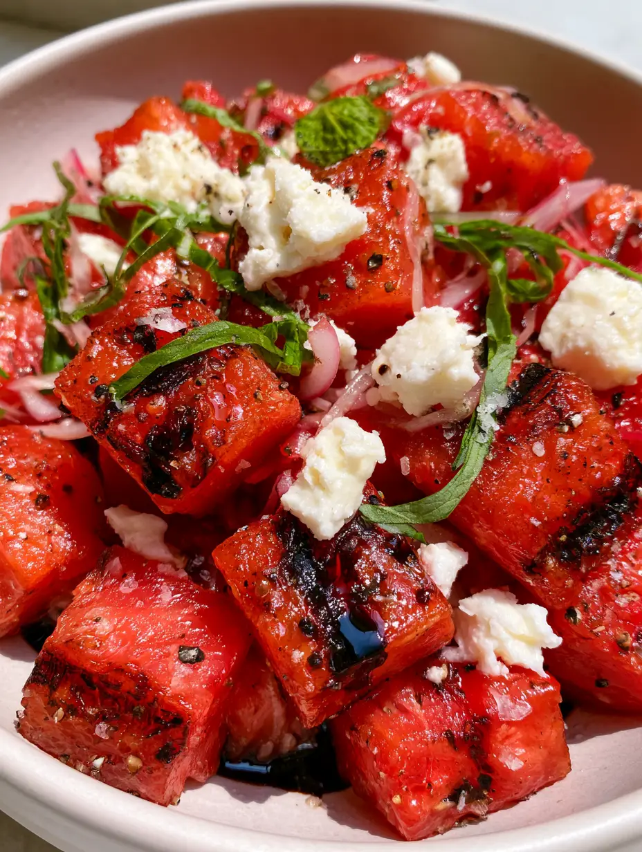 Grilled Watermelon with Feta and Mint: The Ultimate Savory-Sweet Summer Showstopper 3 Top-down macro close-up of thick, square-cut Grilled Watermelon blocks with dark caramelized grill marks, creamy feta crumbles, and balsamic glaze.