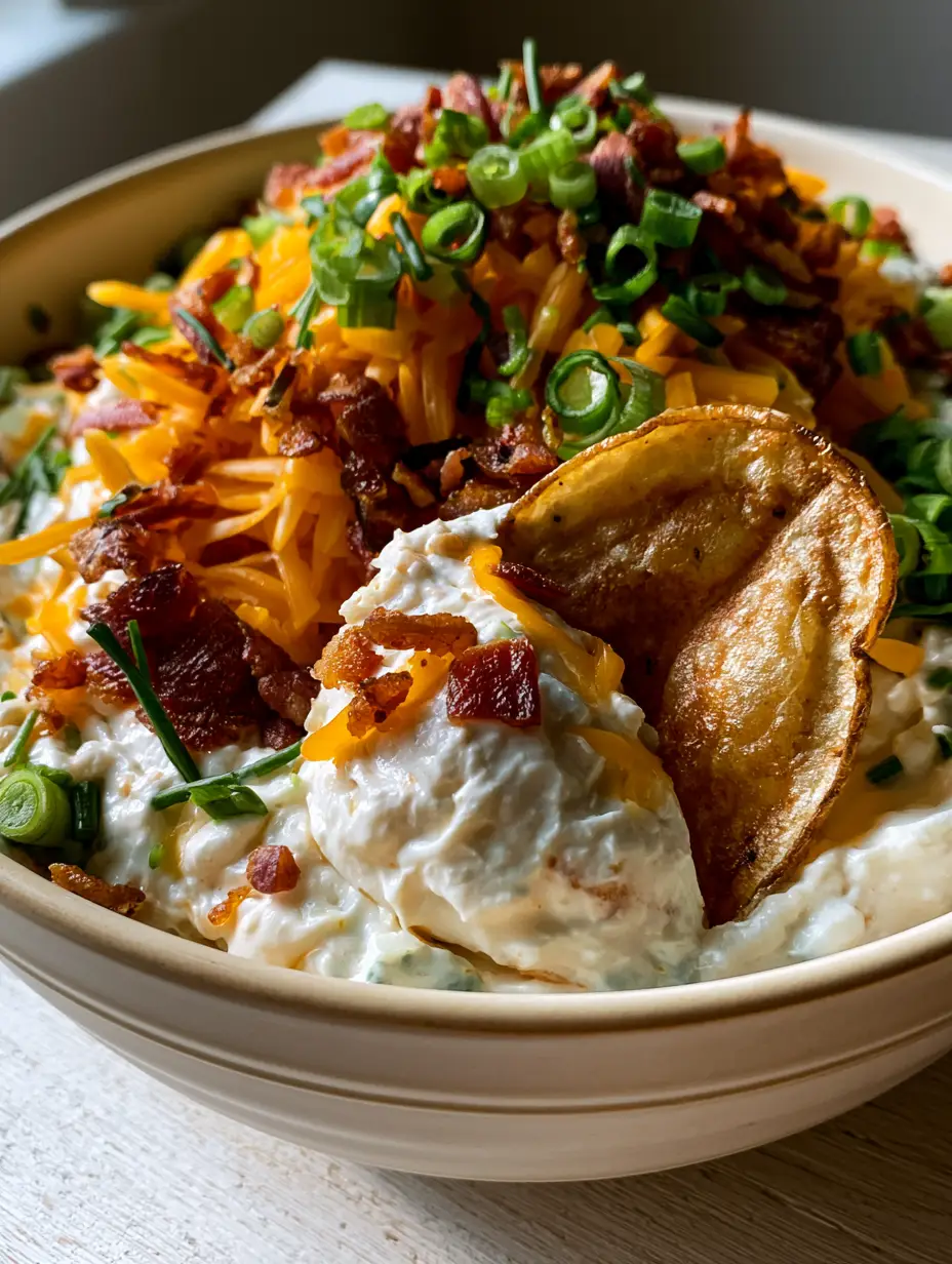 Smartphone photo of a thick white dip with cheddar shreds and bacon crumbles being scooped by a kettle chip. (Cold chip dip recipes)