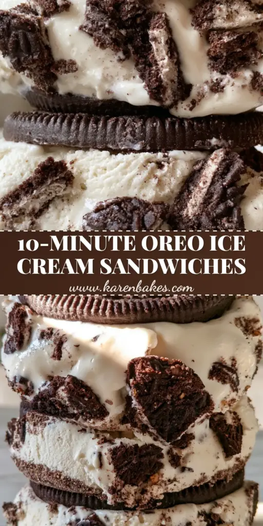 Oreo Ice Cream Sandwiches: The Ultimate 2-Inch Thick Homemade Recipe 3 A vertical stack of thick Oreo ice cream sandwiches with 2-inch vanilla filling on a white marble background. (oreo ice cream sandwiches)