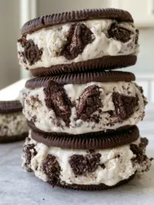 Close up of the embossed cookie pattern and porous texture of Oreo ice cream sandwiches. (oreo ice cream sandwiches)