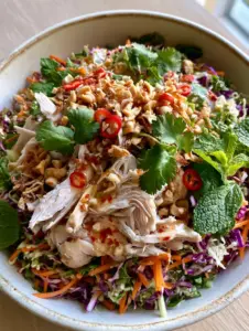 Macro shot of finely shredded cabbage and rotisserie chicken fibers in a Vietnamese chicken salad.
