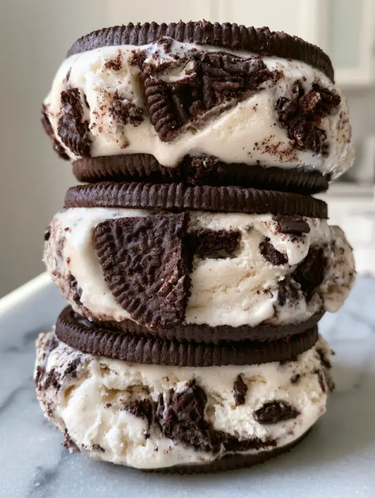 Oreo Ice Cream Sandwiches: The Ultimate 2-Inch Thick Homemade Recipe 1 Side view of Oreo ice cream sandwiches showing the 2-inch thick cream layer and cookie dust edges.