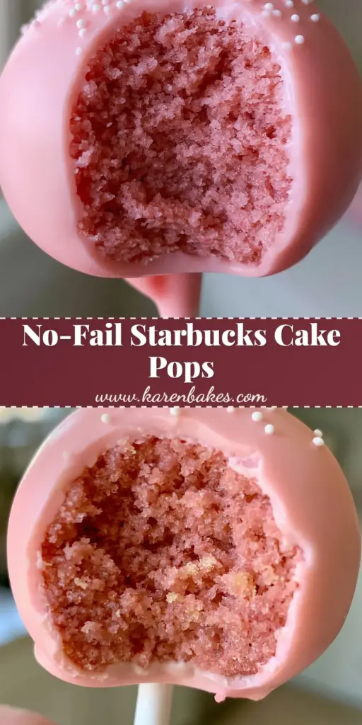 A handheld Starbucks-style pink cake pop with a bite taken out revealing a fudgy pink center and white nonpareil sprinkles. (cake pop recipes)