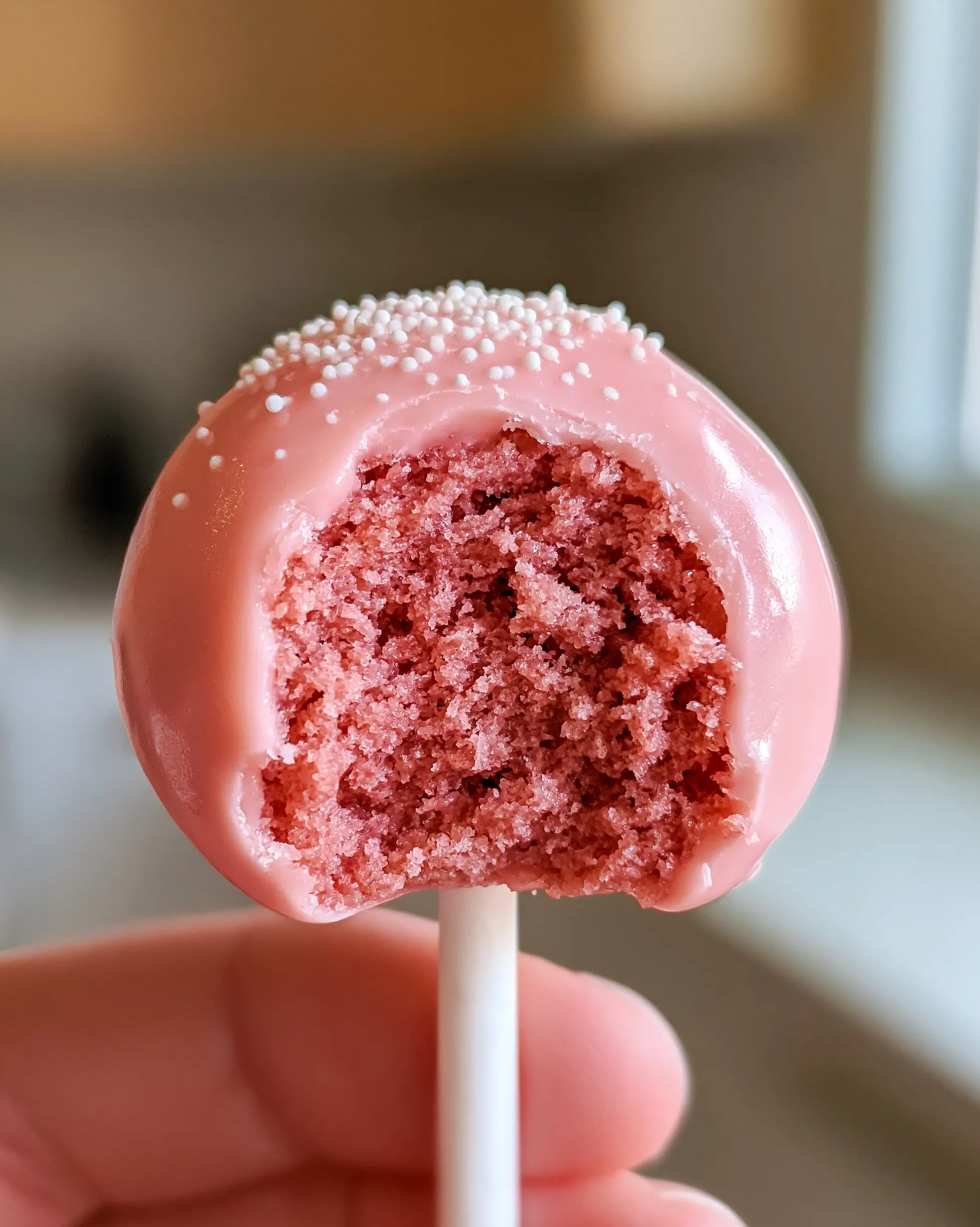 Close up photo of a pink cake pop with a fudgy interior and semi-glossy pink shell held in a kitchen. (cake pop recipes)