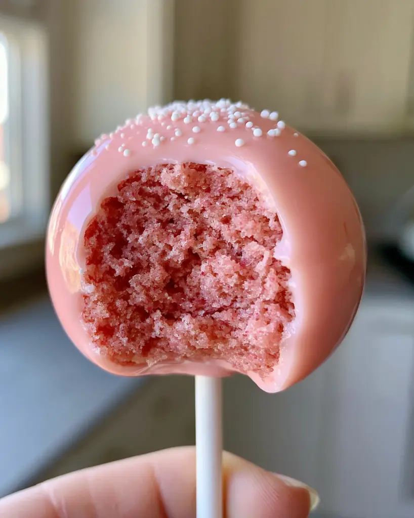 A hand holding a perfect pink cake pop with a clean white stick and white sprinkles against a soft kitchen background.