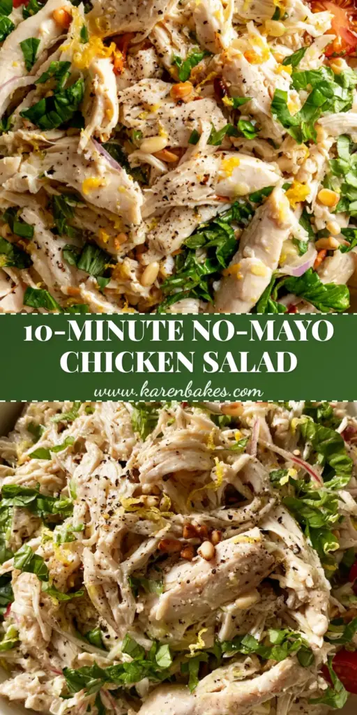 Lemon Basil Chicken Salad with Toasted Pine Nuts and Fresh Herbs 3 A top-down smartphone photo of Lemon Basil Chicken Salad with shredded chicken, fresh basil ribbons, and toasted pine nuts in a white bowl.