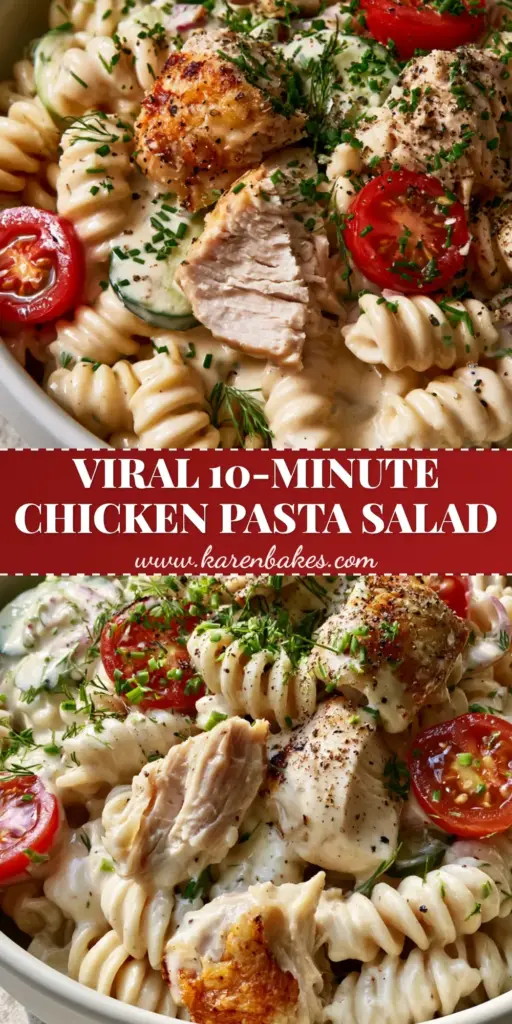 Chicken Pasta Salad with Creamy Garlic Herb Dressing 4 A gourmet chicken pasta salad in a matte white bowl with fusilli, roasted chicken skin, and cherry tomatoes. (chicken pasta salad)