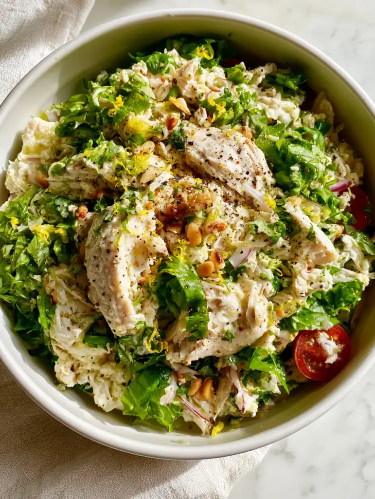 Lemon Basil Chicken Salad with Toasted Pine Nuts and Fresh Herbs 2 Juicy hand-shredded poached chicken breast tossed with bright yellow lemon zest and fresh basil for a Lemon Basil Chicken Salad.