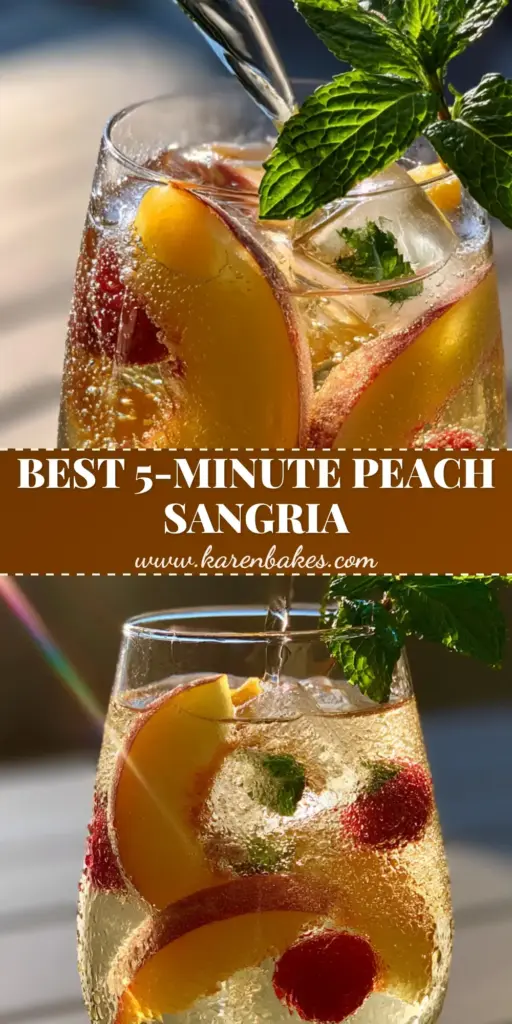 Peach Moscato Sangria: The Ultimate Sparkling Summer Cocktail 4 A tall Pinterest pin showing a close-up of Peach Moscato Sangria with fresh peaches, raspberries, and mint in a sparkling glass.
