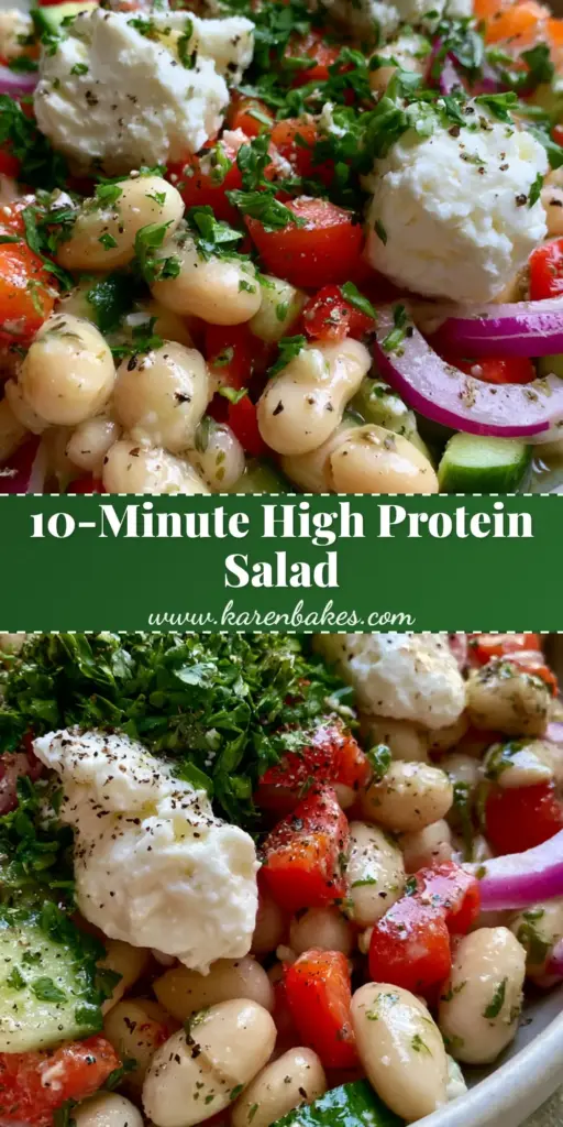 A vertical photo of a vibrant white bean salad with red peppers, cucumbers, and feta cheese, perfect for Pinterest.