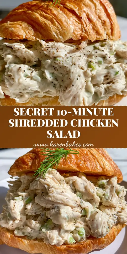 A close-up shot of the Chicken Salad Chick Recipe featuring shredded chicken overflowing from a buttery croissant with a dill garnish.