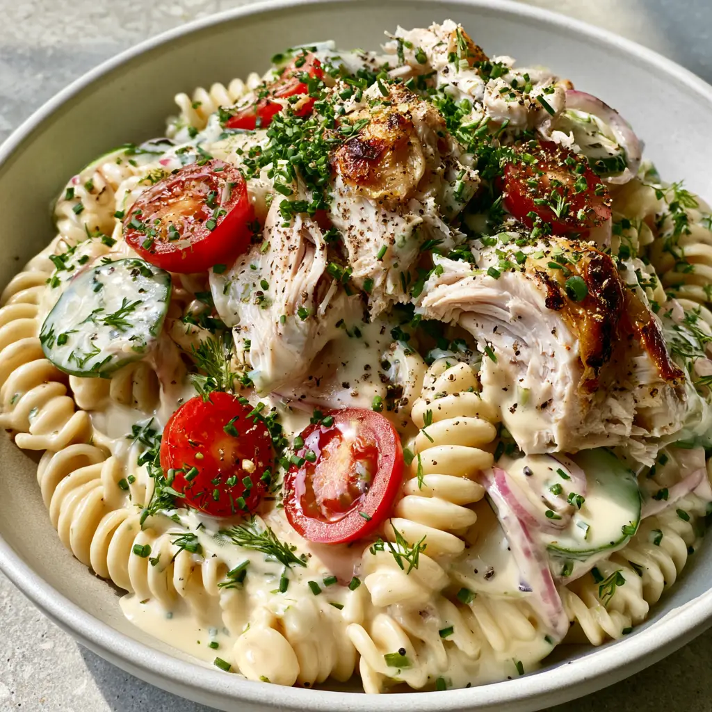 Chicken Pasta Salad with Creamy Garlic Herb Dressing 2 Close-up of al dente fusilli coated in glossy garlic dressing with moist chicken chunks. (chicken pasta salad)
