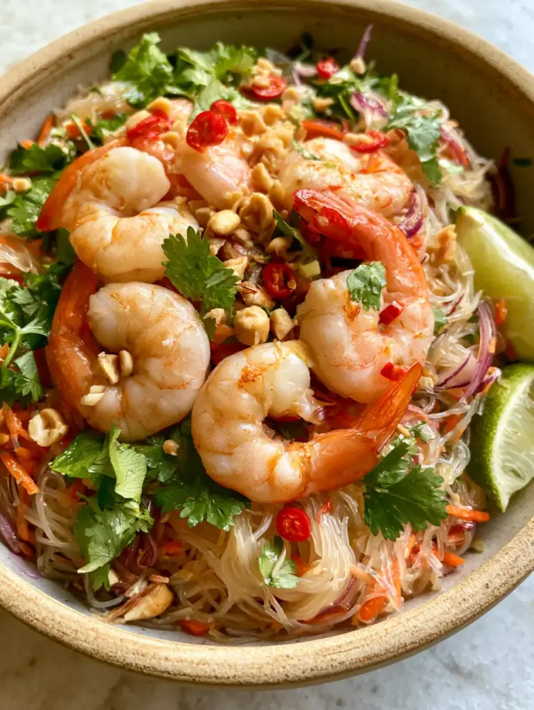 A rustic bowl of Thai Shrimp Noodle Salad topped with fresh cilantro, crushed peanuts, and red bird's eye chili rounds.