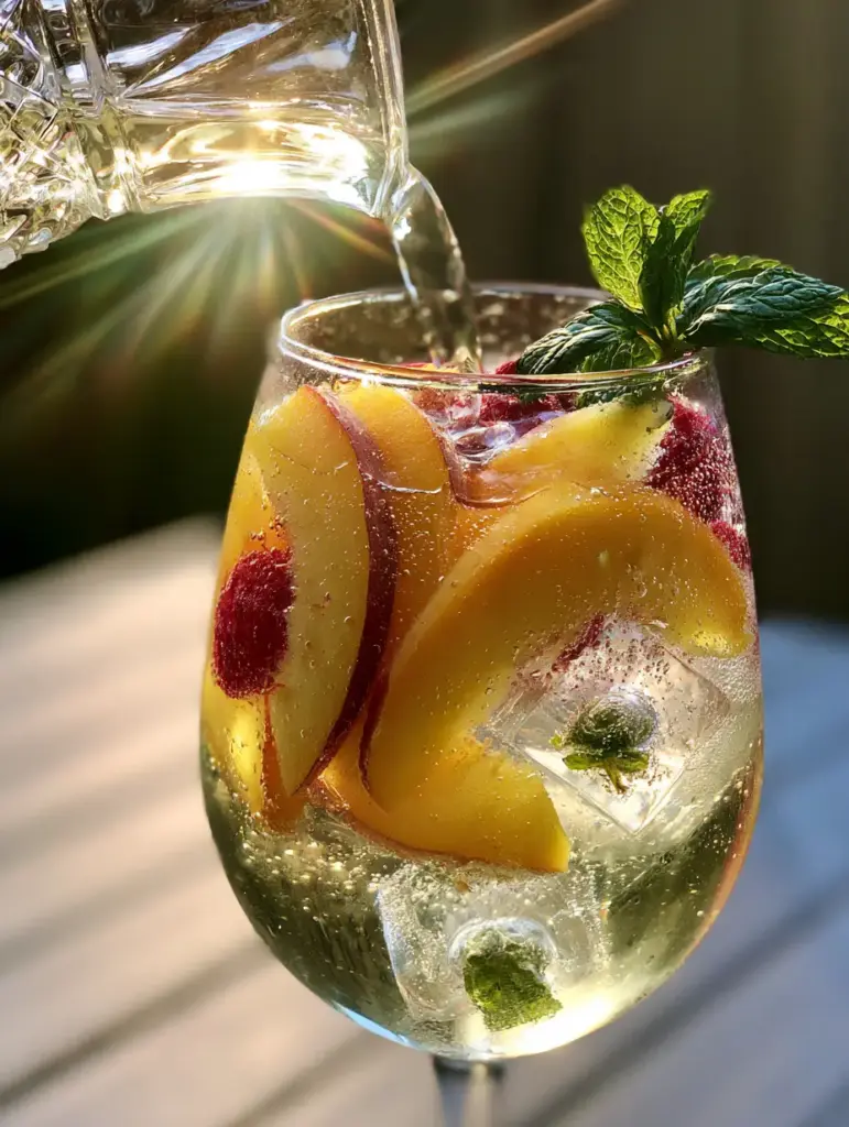 Peach Moscato Sangria: The Ultimate Sparkling Summer Cocktail 2 A crystal pitcher pouring Peach Moscato Sangria into a chilled stemless glass with peach slices and raspberries. (Peach Moscato Sangria)