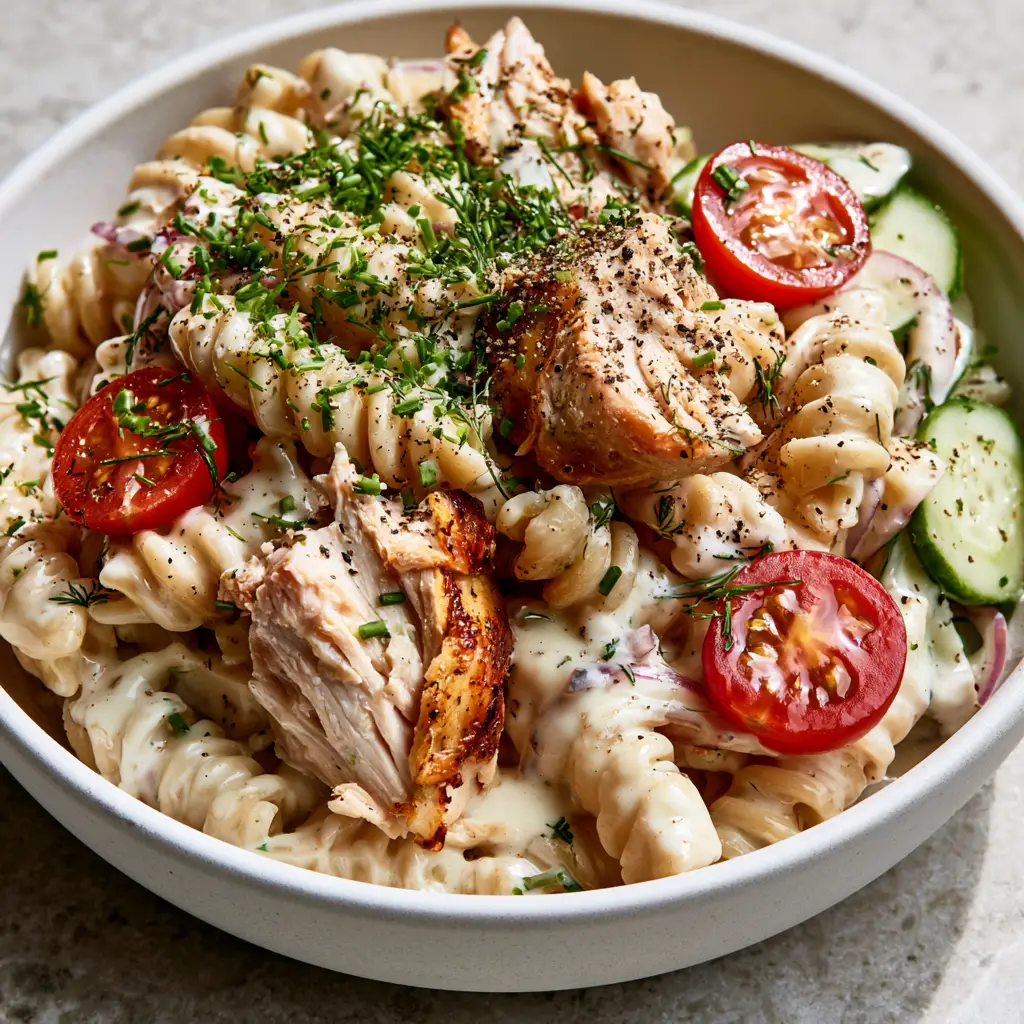 Chicken Pasta Salad with Creamy Garlic Herb Dressing 1 Chicken pasta salad garnished with a flurry of fresh chives and cracked black pepper.