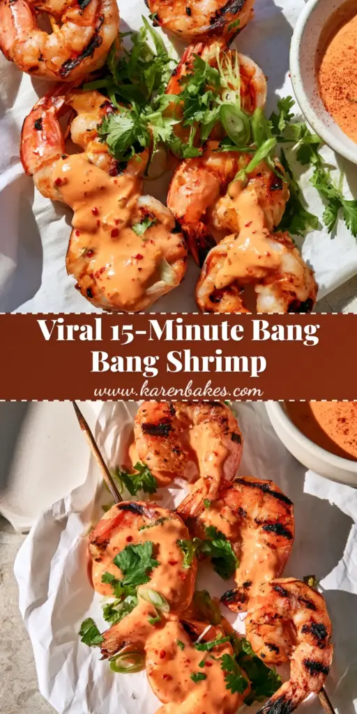 A Pinterest-style vertical shot of Grilled Bang Bang Shrimp Skewers on white parchment paper, drizzled with coral sauce and topped with green scallions.