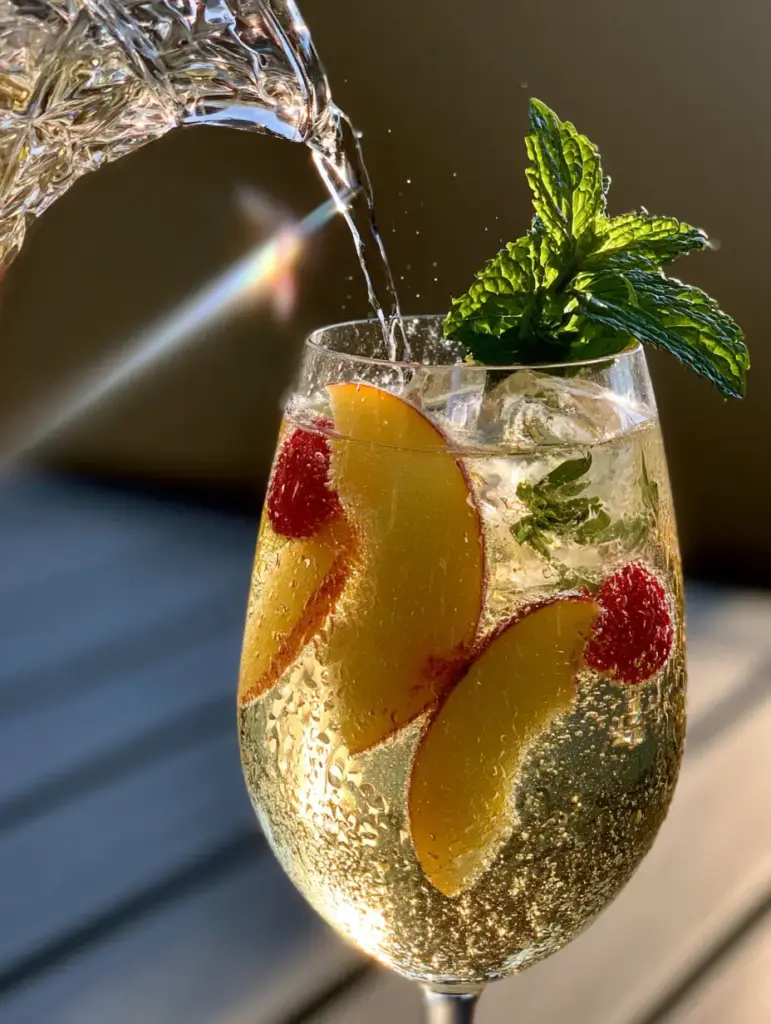Peach Moscato Sangria: The Ultimate Sparkling Summer Cocktail 1 A close up shot of a stemless wine glass filled with Peach Moscato Sangria, showing condensation and mint-infused ice cubes.