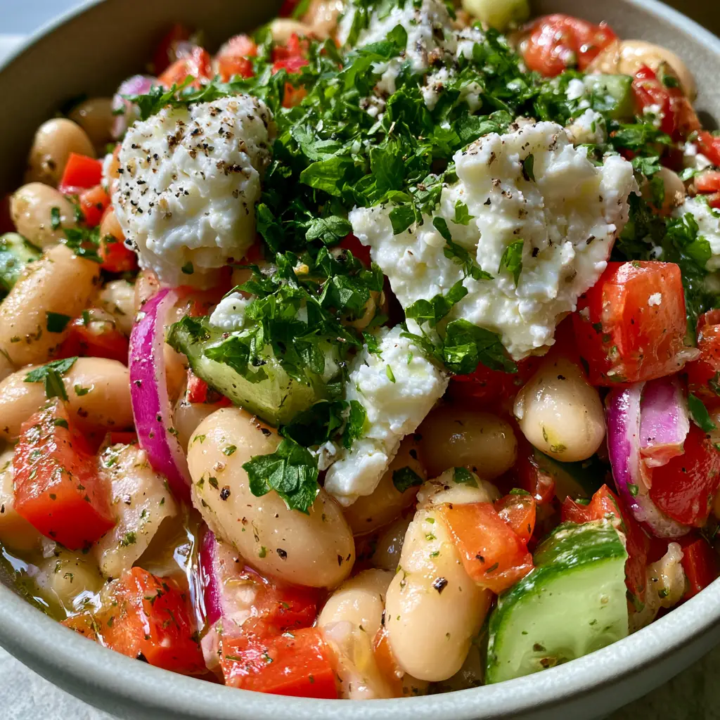 Overhead shot of white bean salad showing large feta crumbles, emerald cucumbers, and purple red onions.