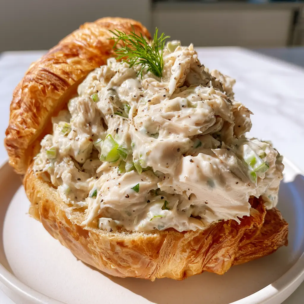 Side view of a golden brown croissant split open and filled with the Chicken Salad Chick Recipe mixture.