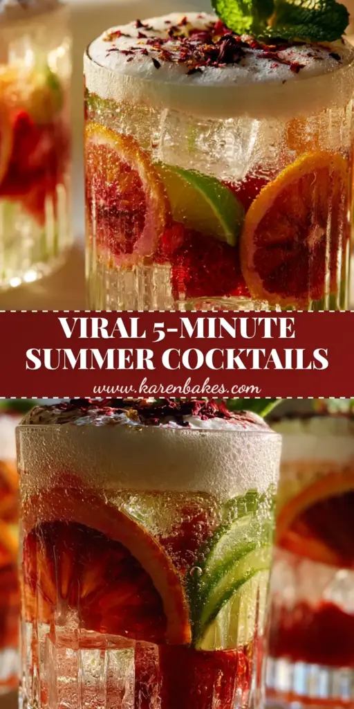 Summer Cocktails: The Ultimate Hibiscus Strawberry Blood Orange Spritz 4 A close up shot of vibrant summer cocktails in ribbed crystal glassware featuring blood orange wheels and hibiscus dust.