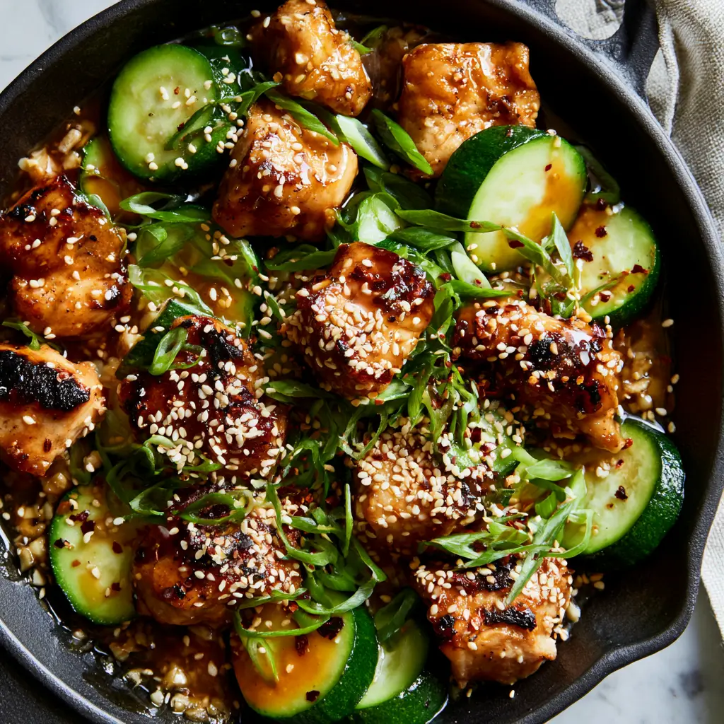 Chicken Zucchini Stir Fry: Easy 20-Minute Ginger Soy Recipe 2 Top-down macro shot of Chicken Zucchini Stir Fry in a matte black cast iron skillet with toasted sesame seeds and green onions.