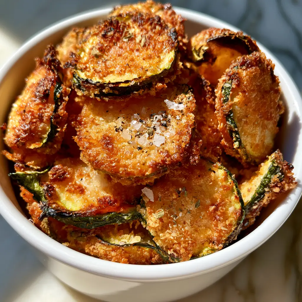 A close-up shot of 3-ingredient snacks showing panko breadcrumbs and dried oregano flakes on zucchini chips.