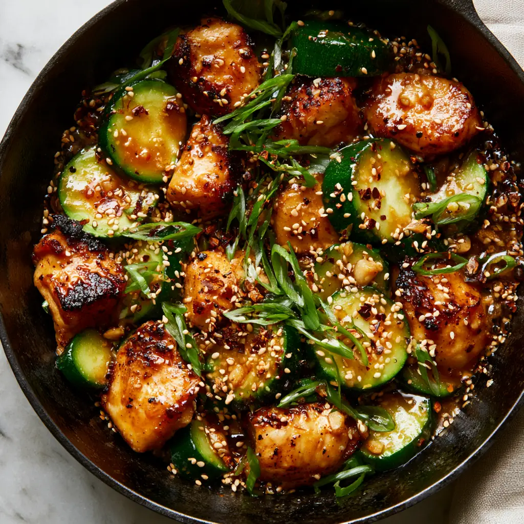 Chicken Zucchini Stir Fry: Easy 20-Minute Ginger Soy Recipe 1 Close-up of thick glistening amber-colored sesame ginger glaze coating chicken and zucchini.