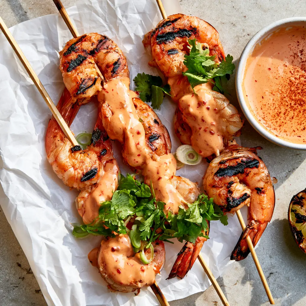 Close up of grilled jumbo shrimp skewers on white parchment with a side dipping bowl of coral-orange bang bang sauce.