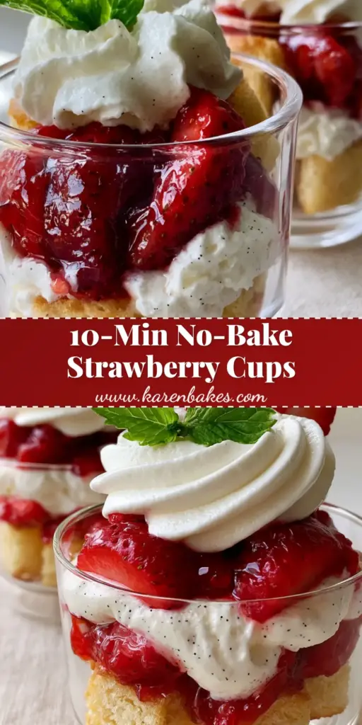 Layered strawberry shortcake cups in clear glasses with pound cake, macerated berries, and vanilla bean whipped cream.