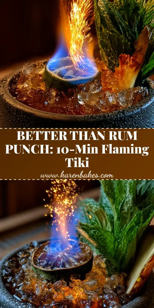 A close-up shot of the Tiki Torch cocktail in a matte-black mug with a flaming lime shell and cinnamon sparks.