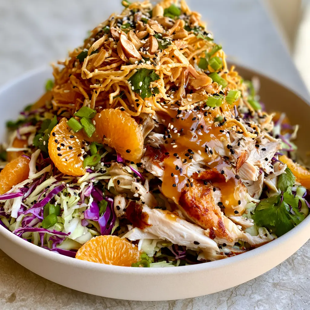 Chinese Chicken Salad with Crispy Chow Mein Noodles and Ginger Dressing 2 Overhead view of a Chinese chicken salad featuring shredded napa cabbage, purple cabbage, and roasted chicken skin.