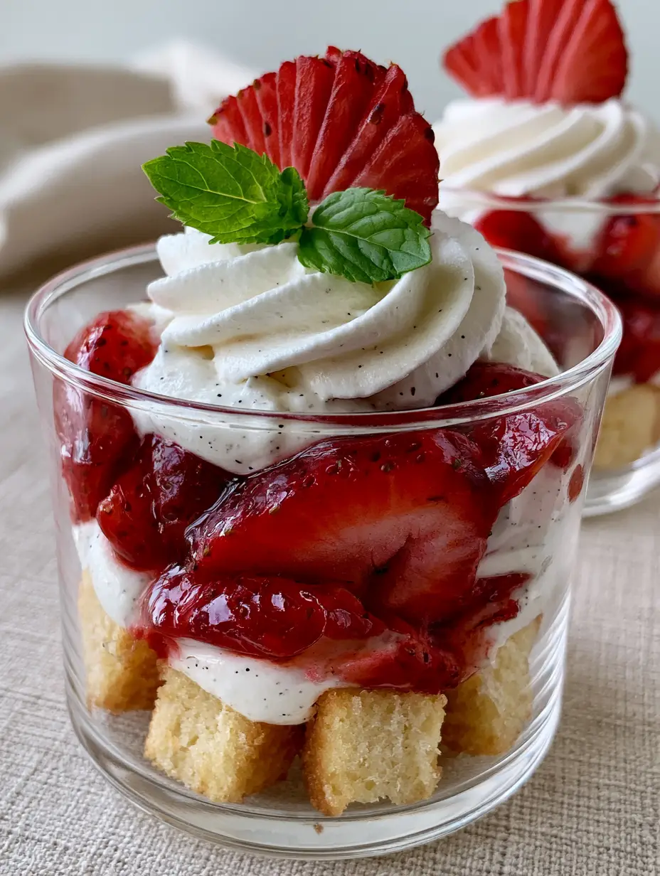Eye-level close up of two elegant double-walled glasses filled with strawberry shortcake cups.