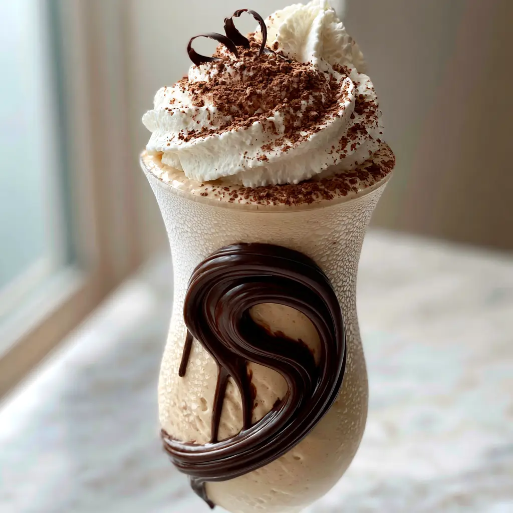 Close-up high-angle shot of a frozen mudslide in a frosted hurricane glass with condensation droplets and chocolate ganache drips.