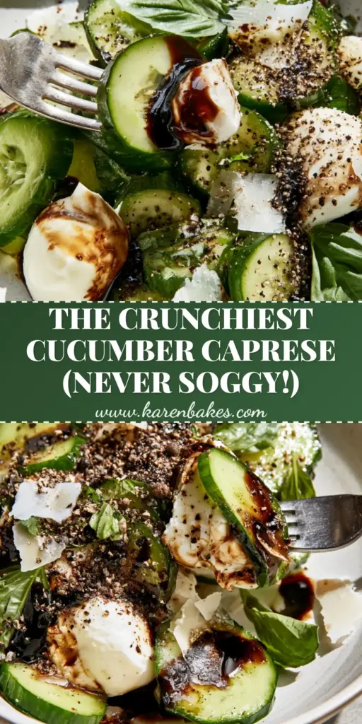 A close-up high-angle photo of a cucumber Caprese salad in a white bowl featuring emerald cucumber half-moons, white mozzarella pearls, and obsidian balsamic glaze.