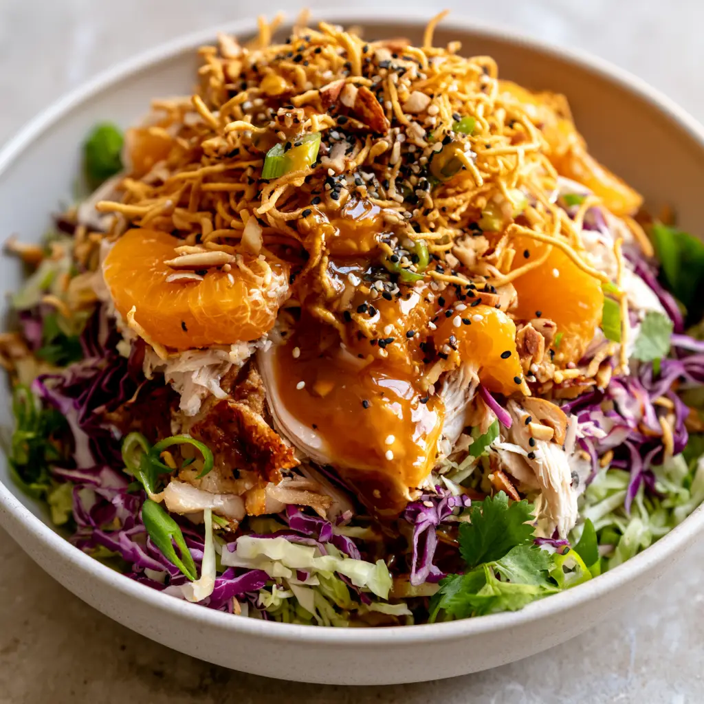 Chinese Chicken Salad with Crispy Chow Mein Noodles and Ginger Dressing 1 A 45-degree angle shot of Chinese chicken salad showing the thick amber ginger dressing drizzled over the crunchy toppings.