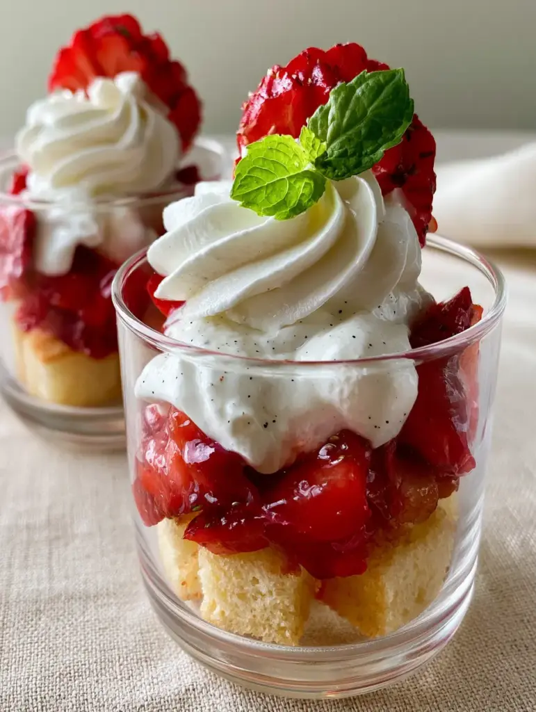 Detail shot showing the glossy strawberry juice glaze and vanilla bean specks in the whipped cream of the strawberry shortcake cups.