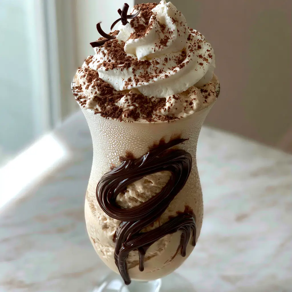 Frozen mudslide topped with stiff whipped cream peaks, cocoa powder, and dark chocolate curls on a marble countertop.
