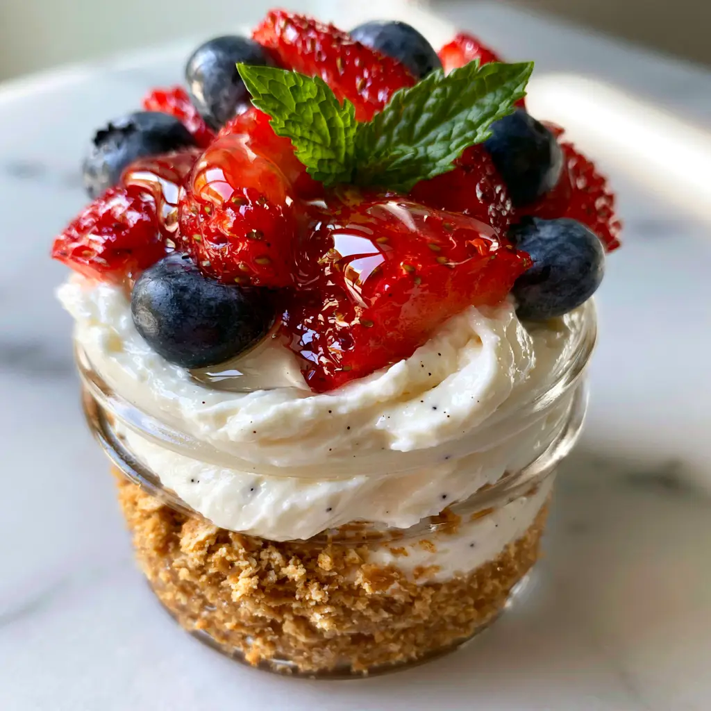 No-bake Summer Desserts: Easy Strawberry Cheesecake Jars 1 A high-angle photo of fresh strawberries and blueberries piled onto a cheesecake jar with a honey glaze and mint leaf.