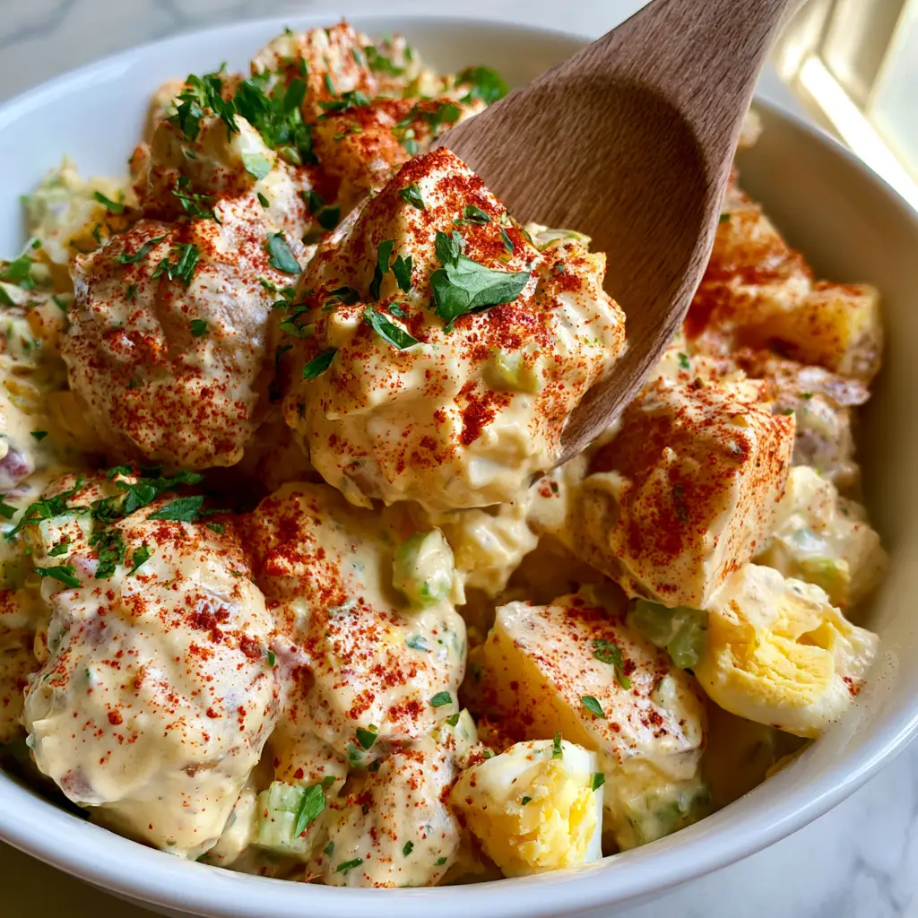 Potato Salad Recipes: The Ultra-Creamy Southern Classic You Need 2 Close up overhead shot of creamy Yukon Gold potato salad recipes in a white bowl with a rustic wooden spoon. (potato salad recipes)