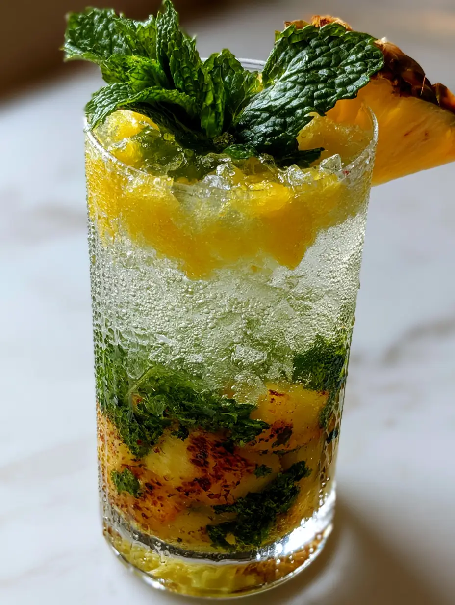 Pineapple Mojito Recipe: The Ultimate Tropical Charred Pineapple Cocktail 4 A macro close-up of a vibrant pineapple mojito with rising bubbles and crushed pebble ice. (pineapple mojito)