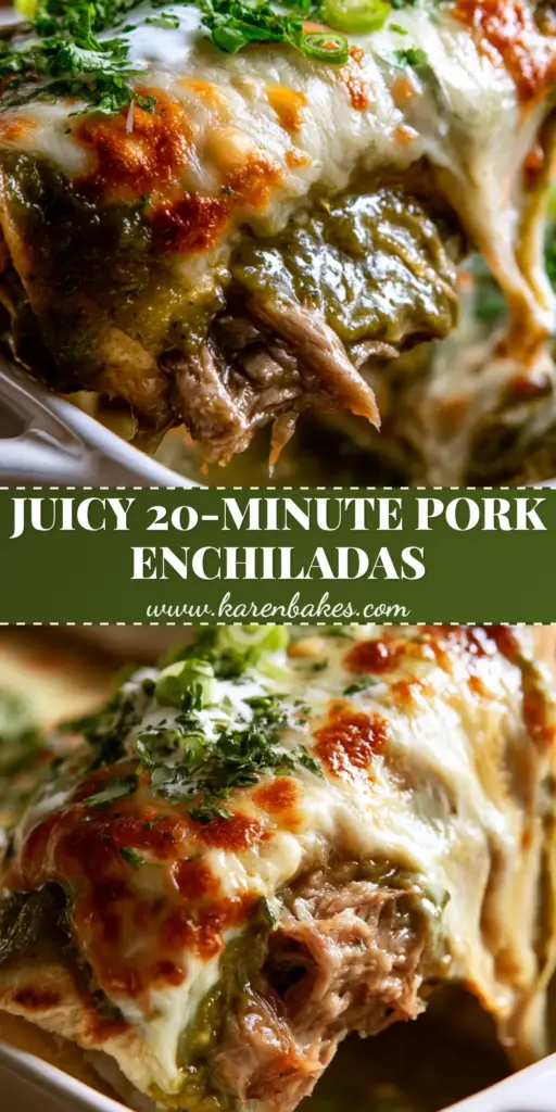 A vertical shot of pulled pork enchiladas verde in a white ceramic dish with a dramatic cheese pull and vibrant emerald salsa.