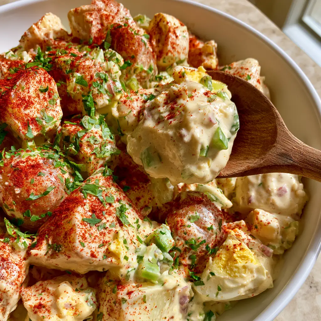 Potato Salad Recipes: The Ultra-Creamy Southern Classic You Need 1 A perfect scoop of Southern potato salad showcasing the bright yellow egg yolks and fresh parsley garnish.