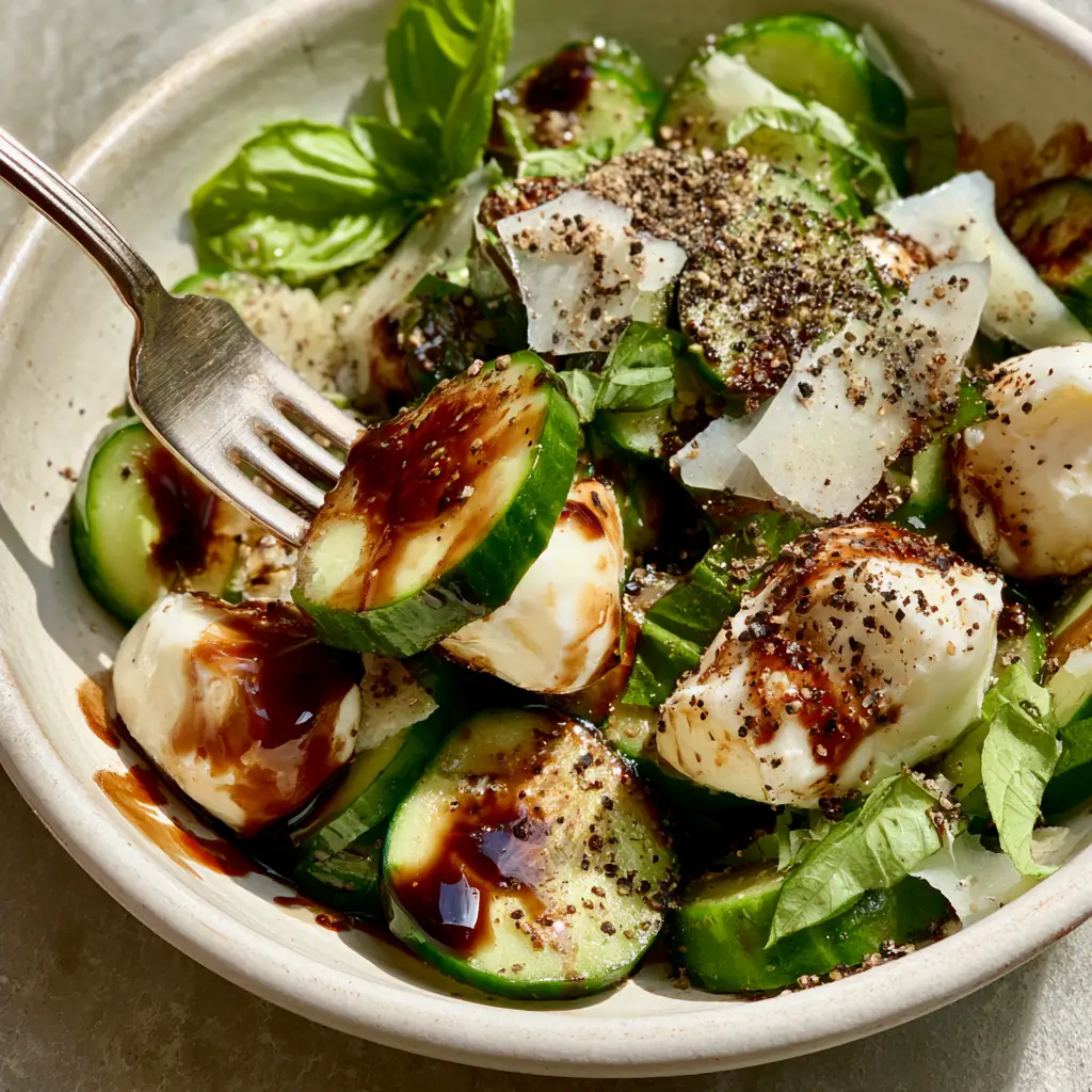 A silver fork lifting a bite of cucumber Caprese salad showing the glossy balsamic glaze and cracked black pepper.