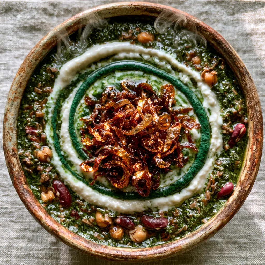 Persian Soup Recipe: Authentic Ash Reshteh with Mint Oil 2 Extreme close-up of steaming Ash Reshteh showing the thick green herb broth and Reshteh noodles. (Persian Soup Recipe)