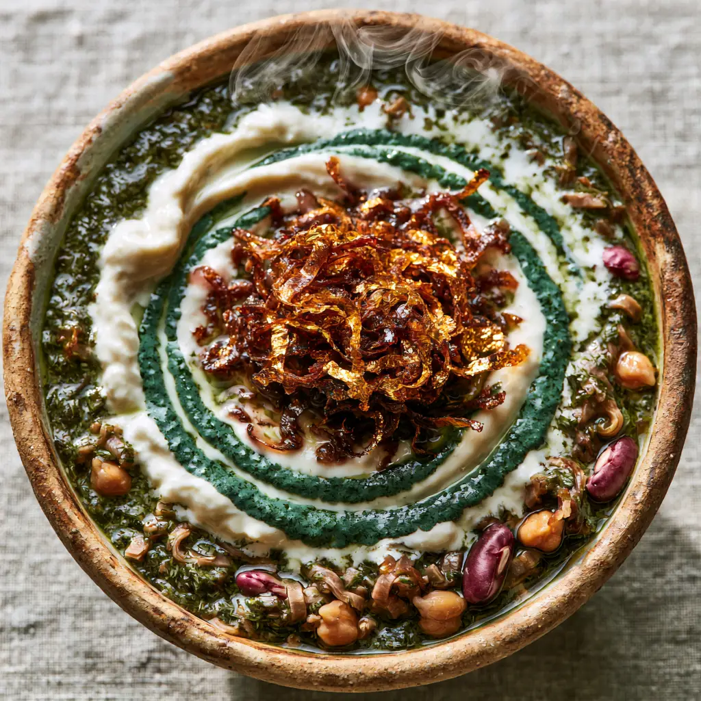 Persian Soup Recipe: Authentic Ash Reshteh with Mint Oil 1 Close-up of the golden fried onion garnish and emerald mint oil on a Persian Soup Recipe.