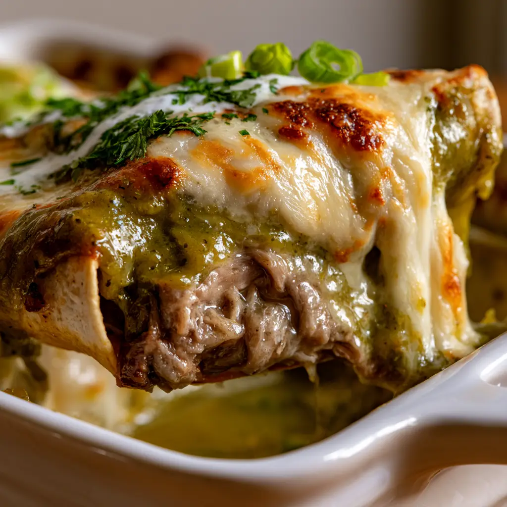 Close up of vibrant emerald salsa verde coating a soft corn tortilla in a pulled pork enchiladas verde dish.